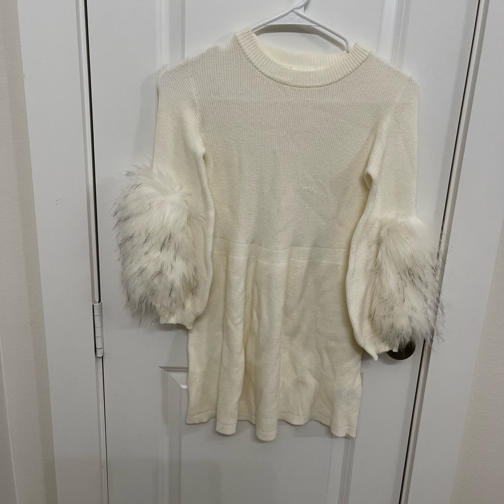 Brand new Juniors cat and Jack sweater dress with fur sleeves, cream color